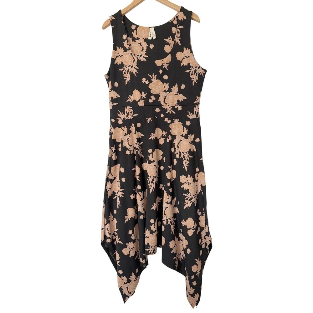 Pact Handkerchief Hem Women's L Black and Peach Sleeveless Organic Cotton Dress - Picture 2 of 9